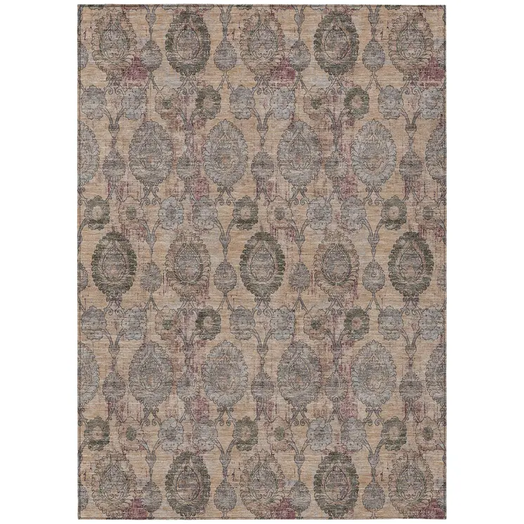 10' X 14' Coral Gray And Green Damask Washable Indoor Outdoor Area Rug