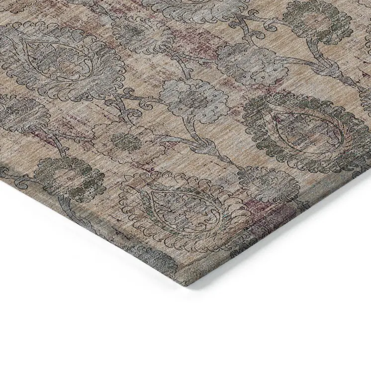 10' X 14' Coral Gray And Green Damask Washable Indoor Outdoor Area Rug