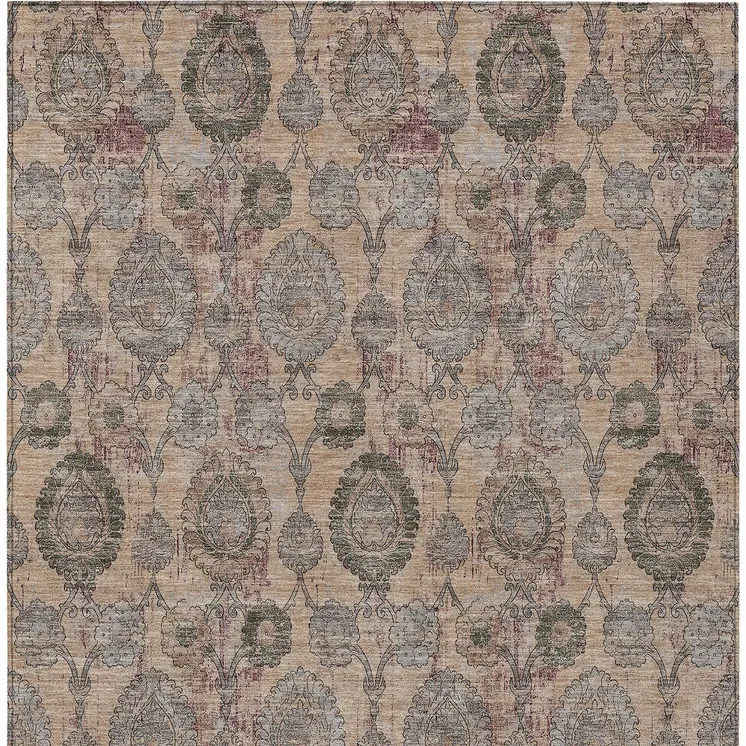 10' X 14' Coral Gray And Green Damask Washable Indoor Outdoor Area Rug