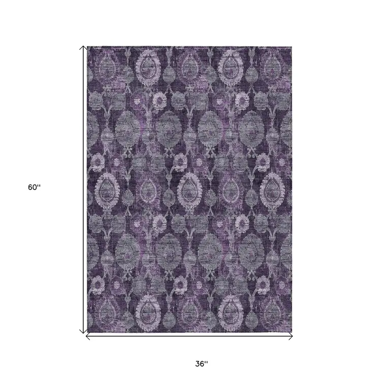 3' X 5' Eggplant Purple And Lavender Damask Washable Indoor Outdoor Area Rug