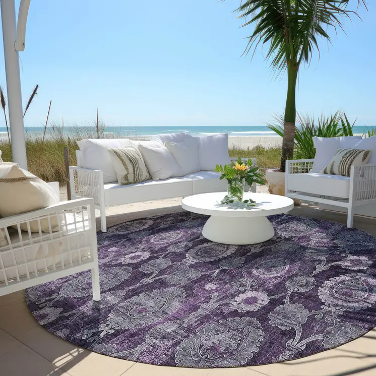8' Eggplant Purple And Lavender Round Damask Washable Indoor Outdoor Area Rug