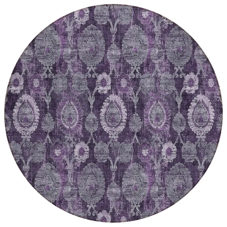 8' Eggplant Purple And Lavender Round Damask Washable Indoor Outdoor Area Rug