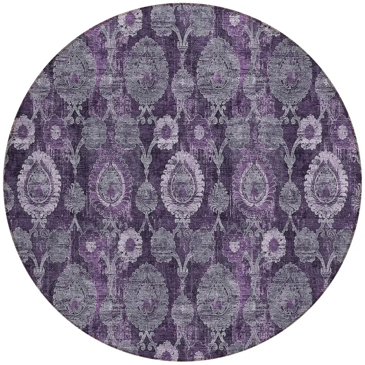 8' Eggplant Purple And Lavender Round Damask Washable Indoor Outdoor Area Rug