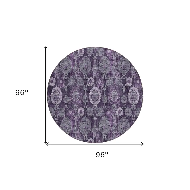 8' Eggplant Purple And Lavender Round Damask Washable Indoor Outdoor Area Rug