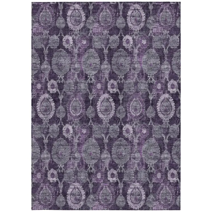 9' X 12' Eggplant Purple And Lavender Damask Washable Indoor Outdoor Area Rug