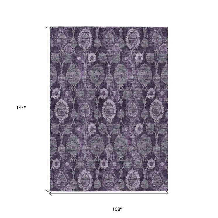 9' X 12' Eggplant Purple And Lavender Damask Washable Indoor Outdoor Area Rug