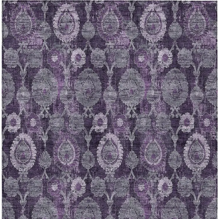 10' X 14' Eggplant Purple And Lavender Damask Washable Indoor Outdoor Area Rug