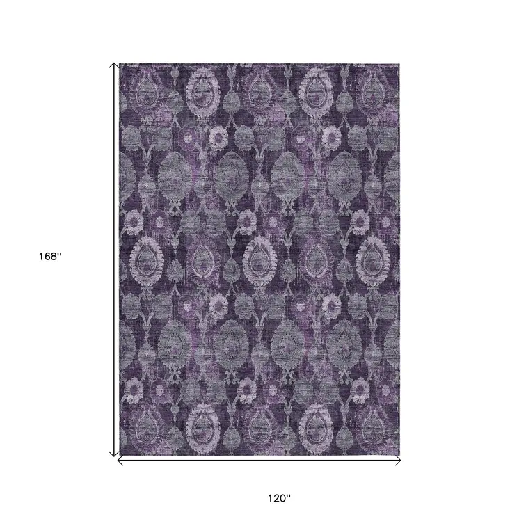 10' X 14' Eggplant Purple And Lavender Damask Washable Indoor Outdoor Area Rug
