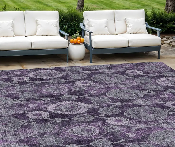 10' X 14' Eggplant Purple And Lavender Damask Washable Indoor Outdoor Area Rug