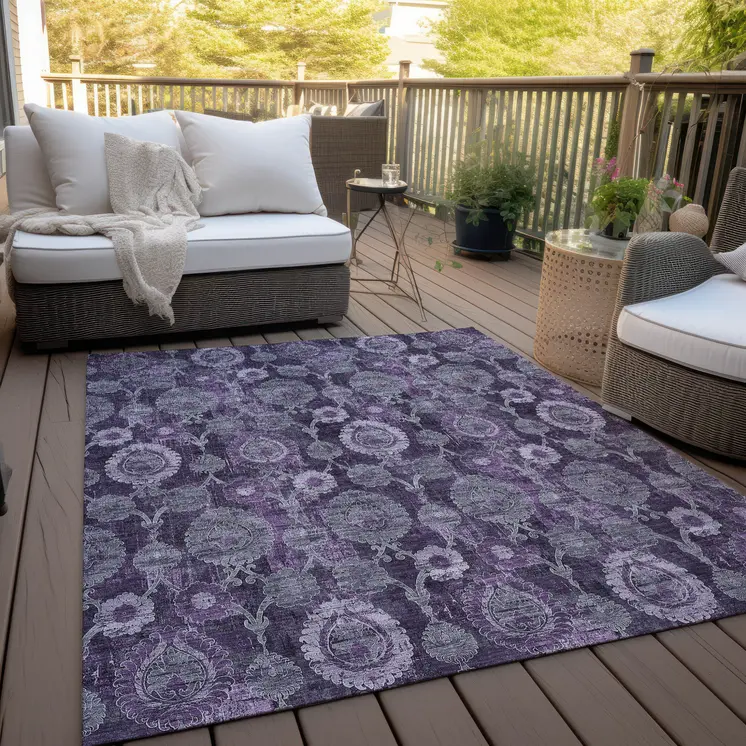 10' X 14' Eggplant Purple And Lavender Damask Washable Indoor Outdoor Area Rug
