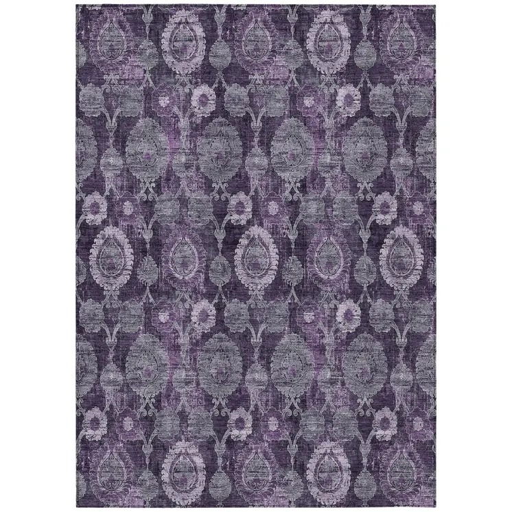 10' X 14' Eggplant Purple And Lavender Damask Washable Indoor Outdoor Area Rug
