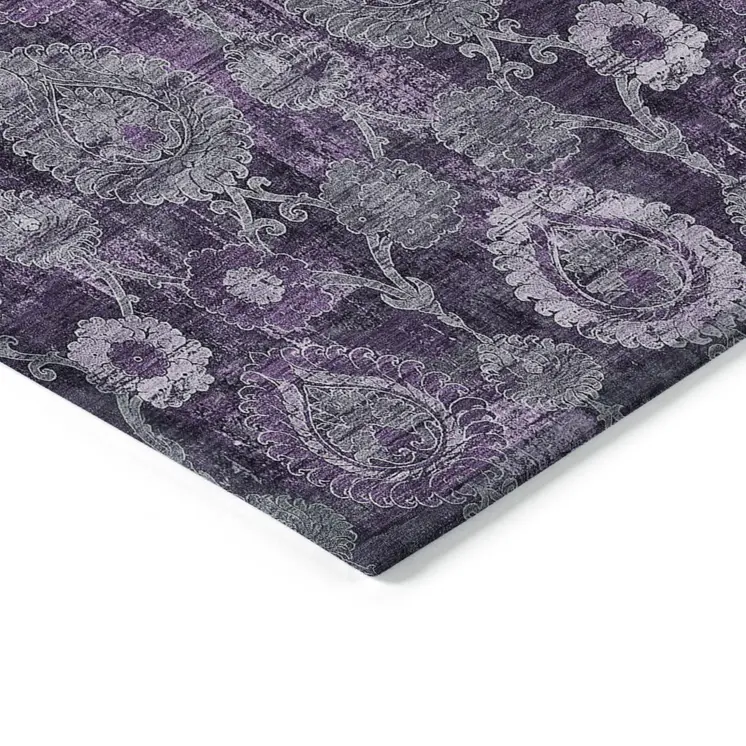 10' X 14' Eggplant Purple And Lavender Damask Washable Indoor Outdoor Area Rug