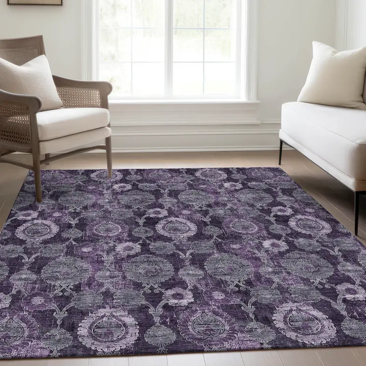 10' X 14' Eggplant Purple And Lavender Damask Washable Indoor Outdoor Area Rug