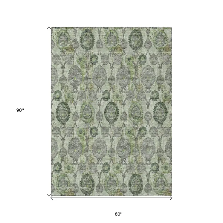 5' X 8' Artichoke Green And Fern Green Damask Washable Indoor Outdoor Area Rug