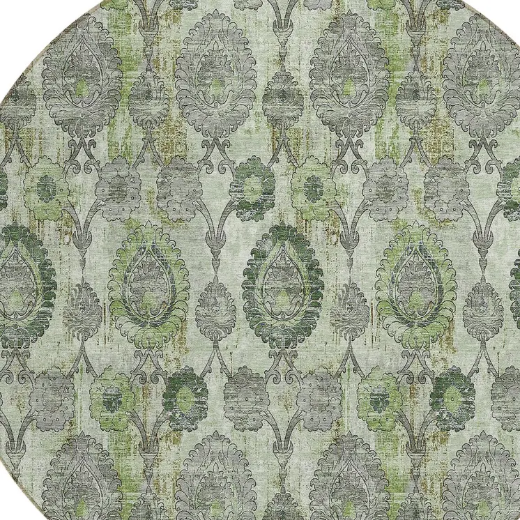 8' Artichoke Green And Fern Green Round Damask Washable Indoor Outdoor Area Rug
