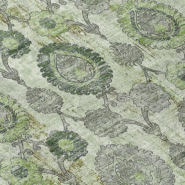 8' Artichoke Green And Fern Green Round Damask Washable Indoor Outdoor Area Rug