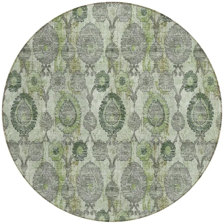 8' Artichoke Green And Fern Green Round Damask Washable Indoor Outdoor Area Rug
