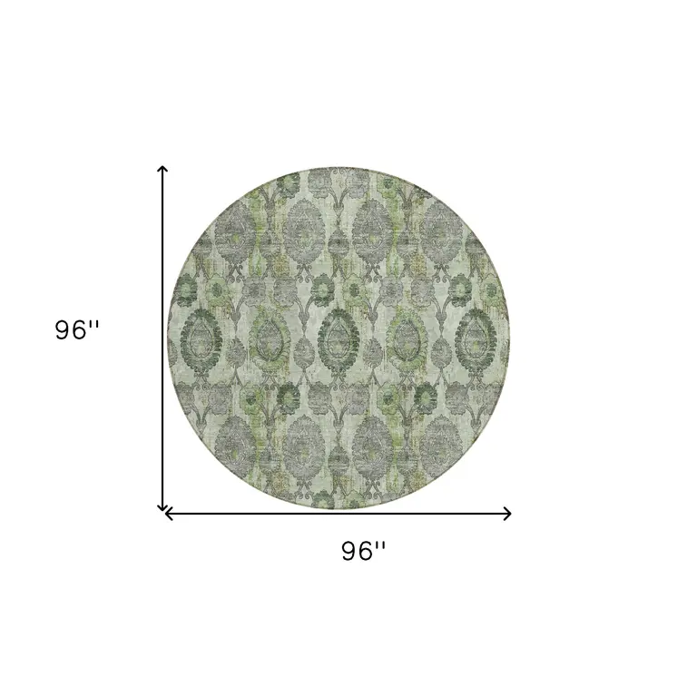 8' Artichoke Green And Fern Green Round Damask Washable Indoor Outdoor Area Rug