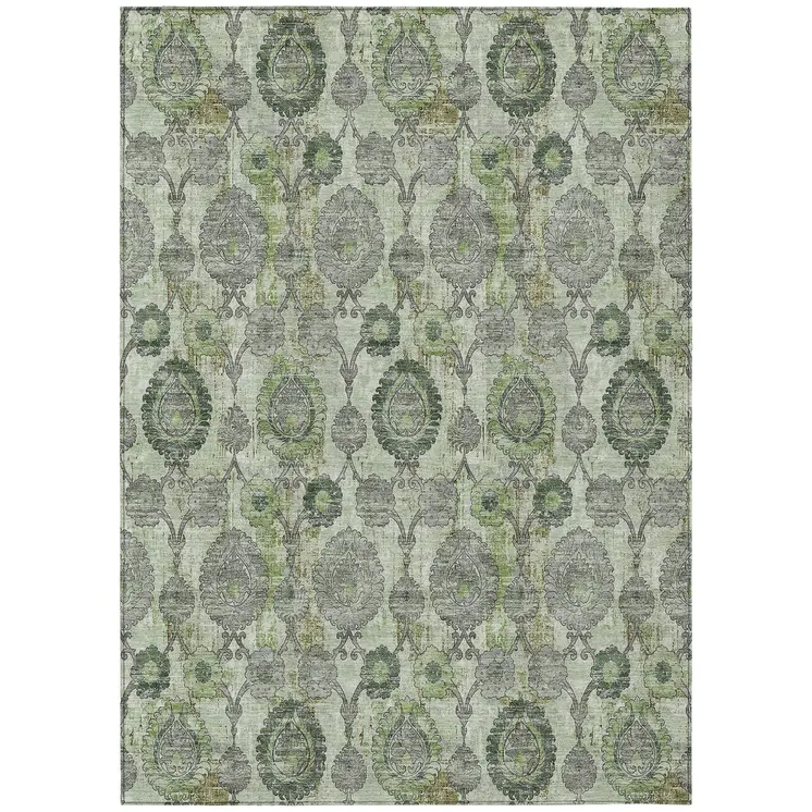 8' X 10' Artichoke Green And Fern Green Damask Washable Indoor Outdoor Area Rug