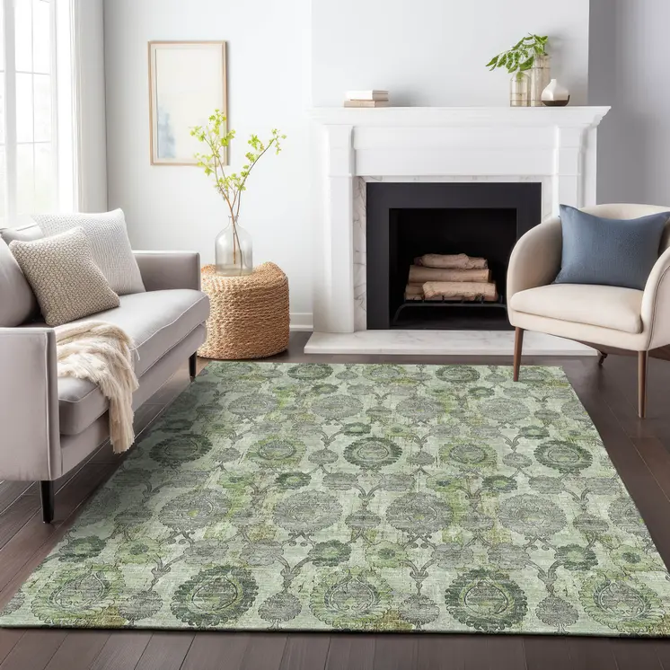 8' X 10' Artichoke Green And Fern Green Damask Washable Indoor Outdoor Area Rug