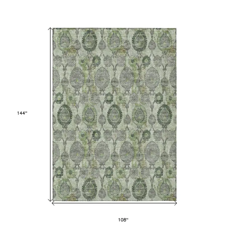 9' X 12' Artichoke Green And Fern Green Damask Washable Indoor Outdoor Area Rug