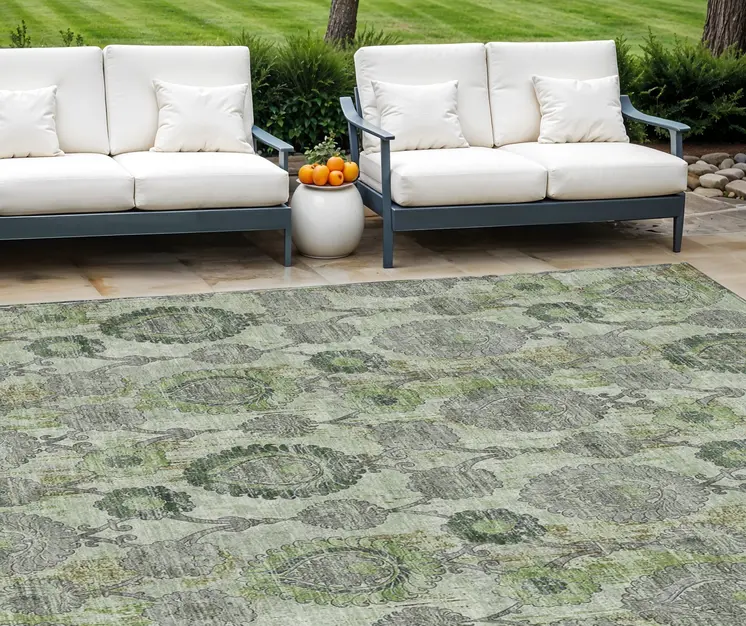 9' X 12' Artichoke Green And Fern Green Damask Washable Indoor Outdoor Area Rug