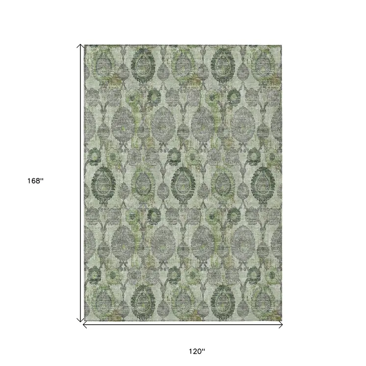 10' X 14' Artichoke Green And Fern Green Damask Washable Indoor Outdoor Area Rug