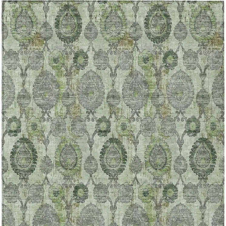 10' X 14' Artichoke Green And Fern Green Damask Washable Indoor Outdoor Area Rug