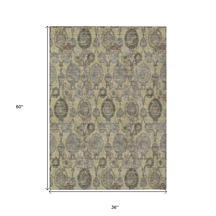 3' X 5' Gold Gray And Charcoal Damask Washable Indoor Outdoor Area Rug