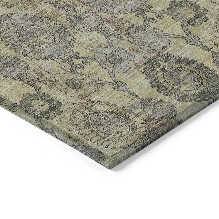 3' X 5' Gold Gray And Charcoal Damask Washable Indoor Outdoor Area Rug
