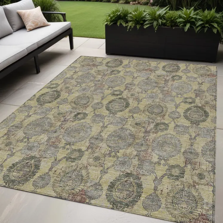 5' X 8' Gold Gray And Charcoal Damask Washable Indoor Outdoor Area Rug