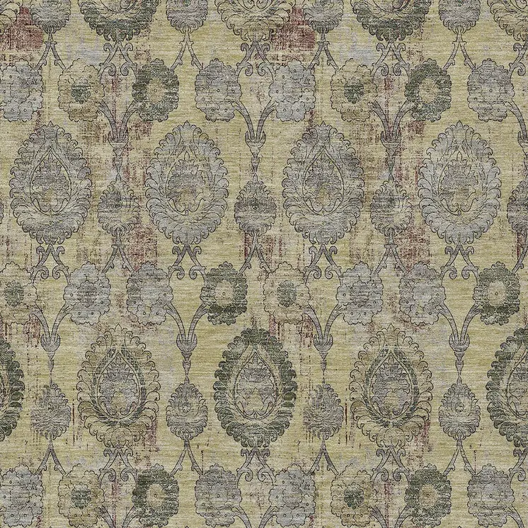 5' X 8' Gold Gray And Charcoal Damask Washable Indoor Outdoor Area Rug