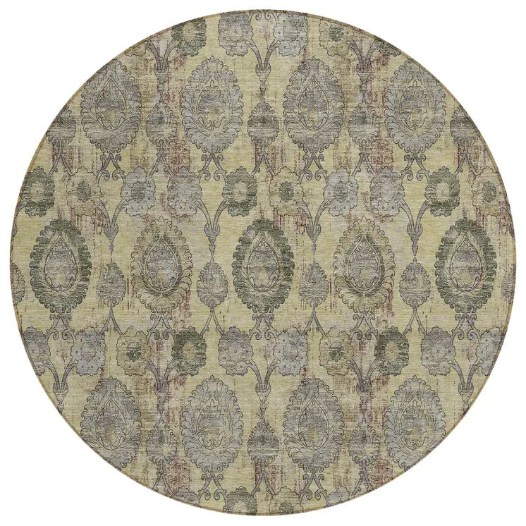 8' Gold Gray And Charcoal Round Damask Washable Indoor Outdoor Area Rug
