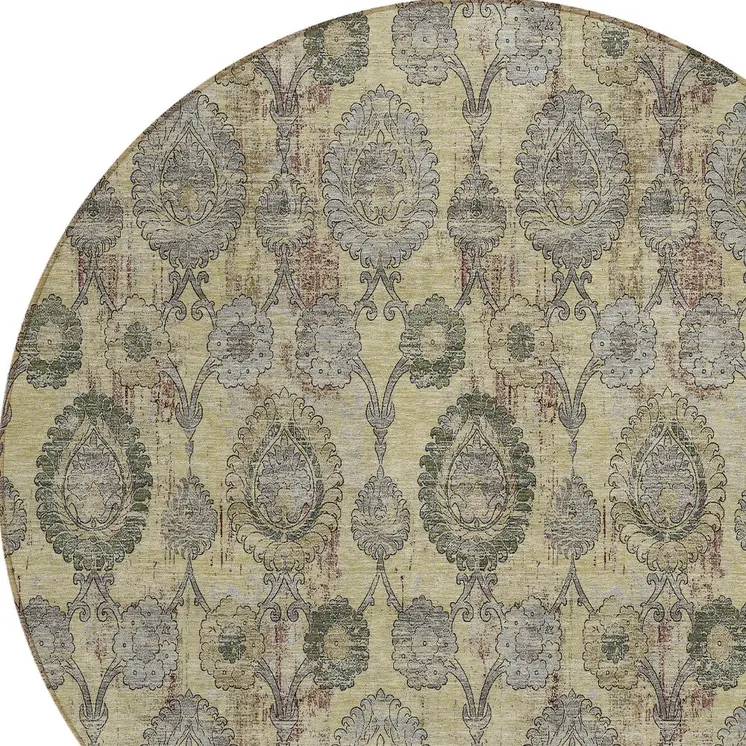8' Gold Gray And Charcoal Round Damask Washable Indoor Outdoor Area Rug