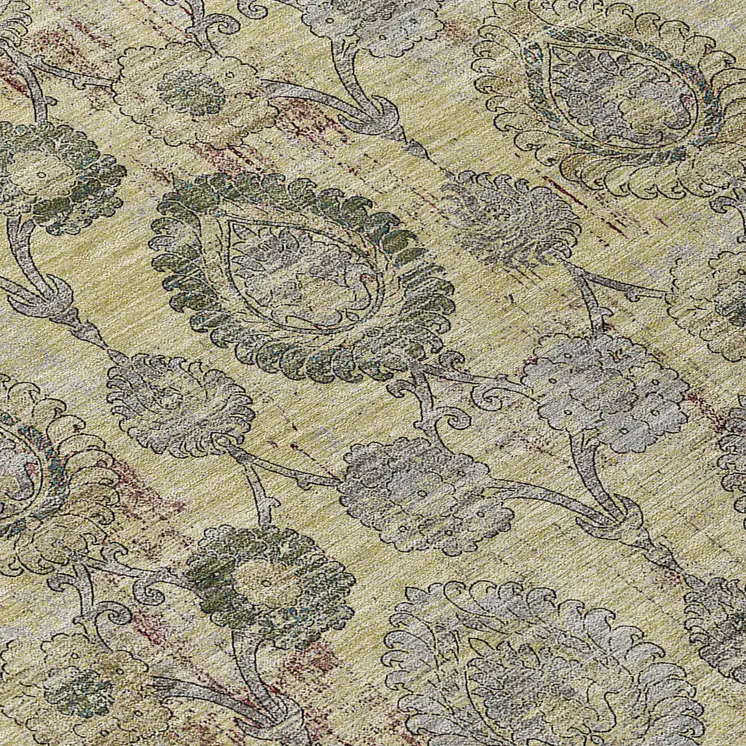 8' Gold Gray And Charcoal Round Damask Washable Indoor Outdoor Area Rug