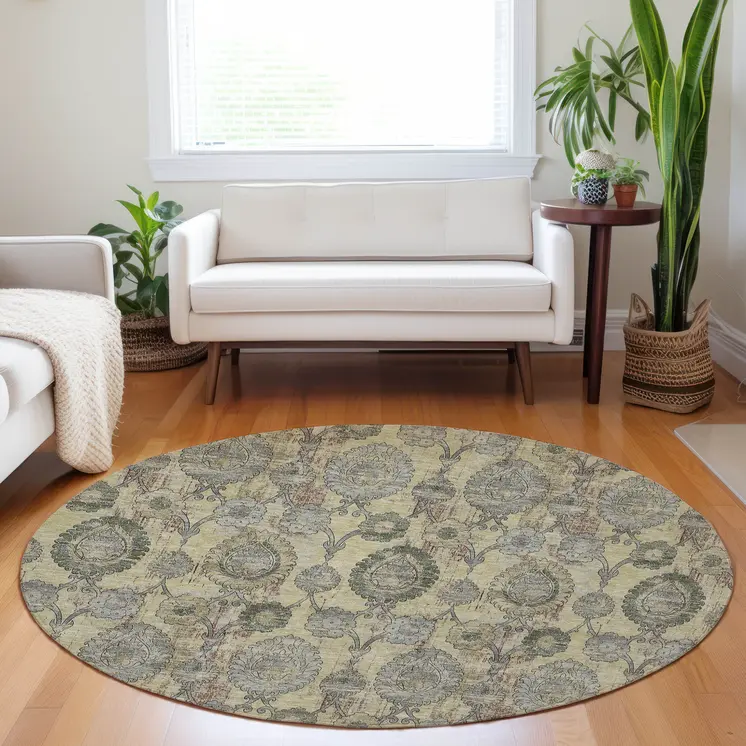 8' Gold Gray And Charcoal Round Damask Washable Indoor Outdoor Area Rug