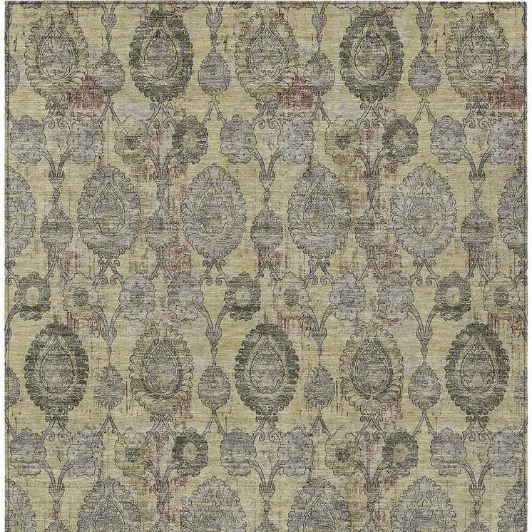 8' X 10' Gold Gray And Charcoal Damask Washable Indoor Outdoor Area Rug