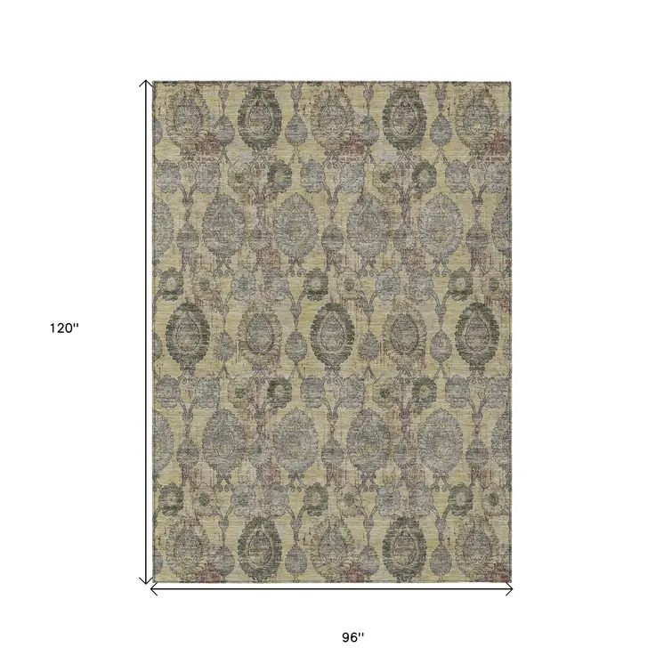 8' X 10' Gold Gray And Charcoal Damask Washable Indoor Outdoor Area Rug
