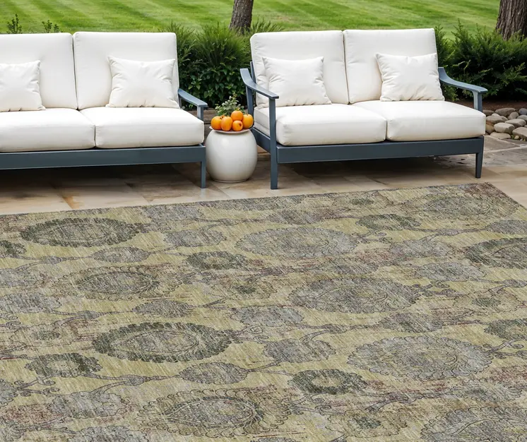 8' X 10' Gold Gray And Charcoal Damask Washable Indoor Outdoor Area Rug