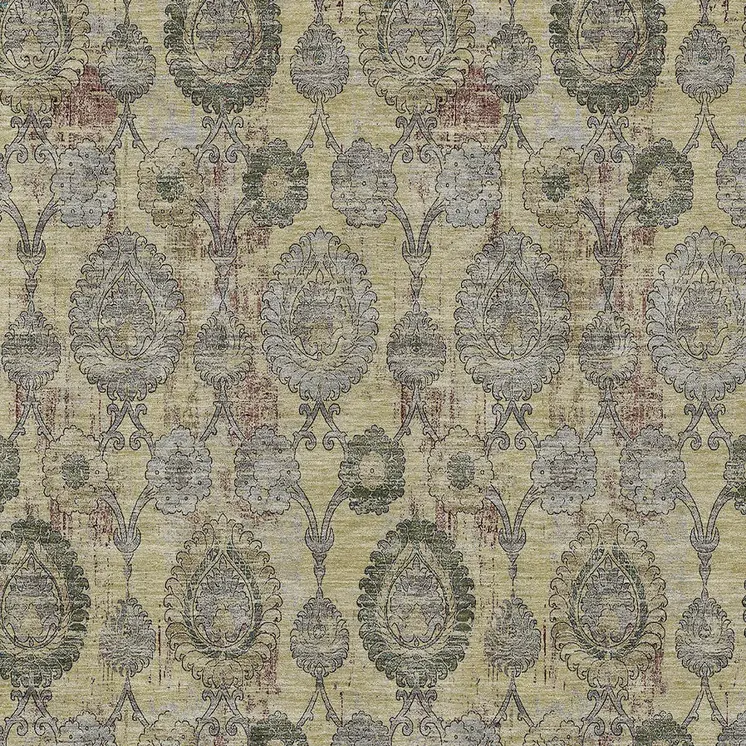 8' X 10' Gold Gray And Charcoal Damask Washable Indoor Outdoor Area Rug