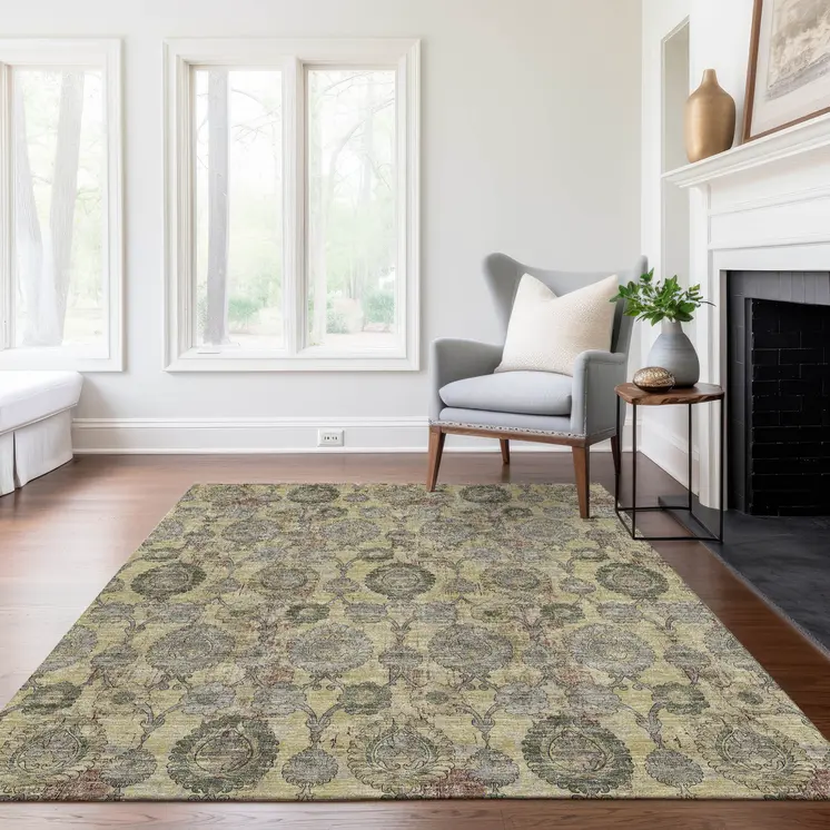 8' X 10' Gold Gray And Charcoal Damask Washable Indoor Outdoor Area Rug