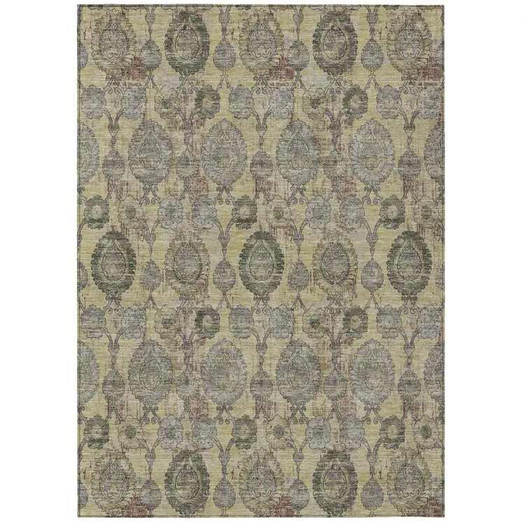 9' X 12' Gold Gray And Charcoal Damask Washable Indoor Outdoor Area Rug