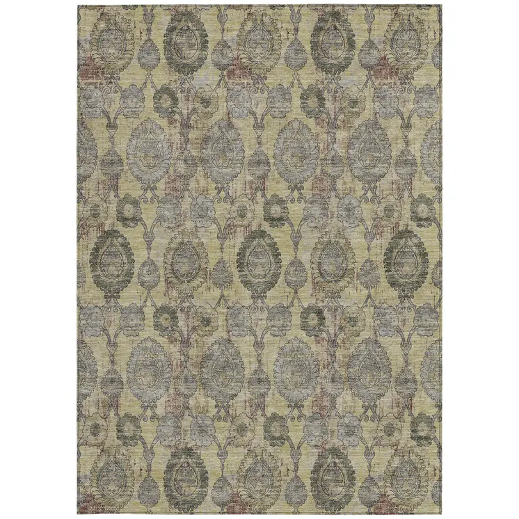 9' X 12' Gold Gray And Charcoal Damask Washable Indoor Outdoor Area Rug