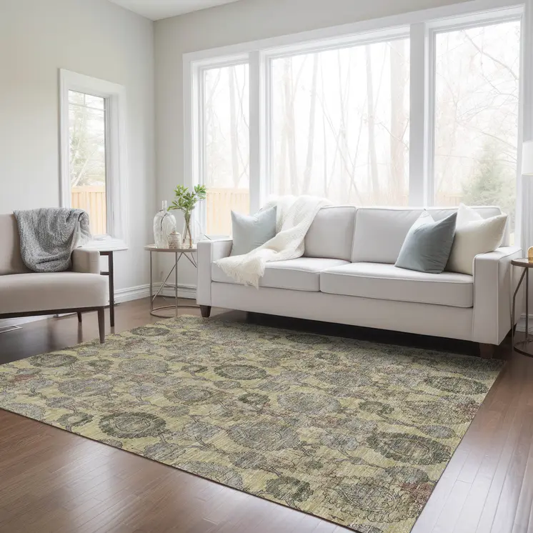 9' X 12' Gold Gray And Charcoal Damask Washable Indoor Outdoor Area Rug
