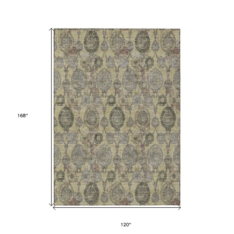 10' X 14' Gold Gray And Charcoal Damask Washable Indoor Outdoor Area Rug