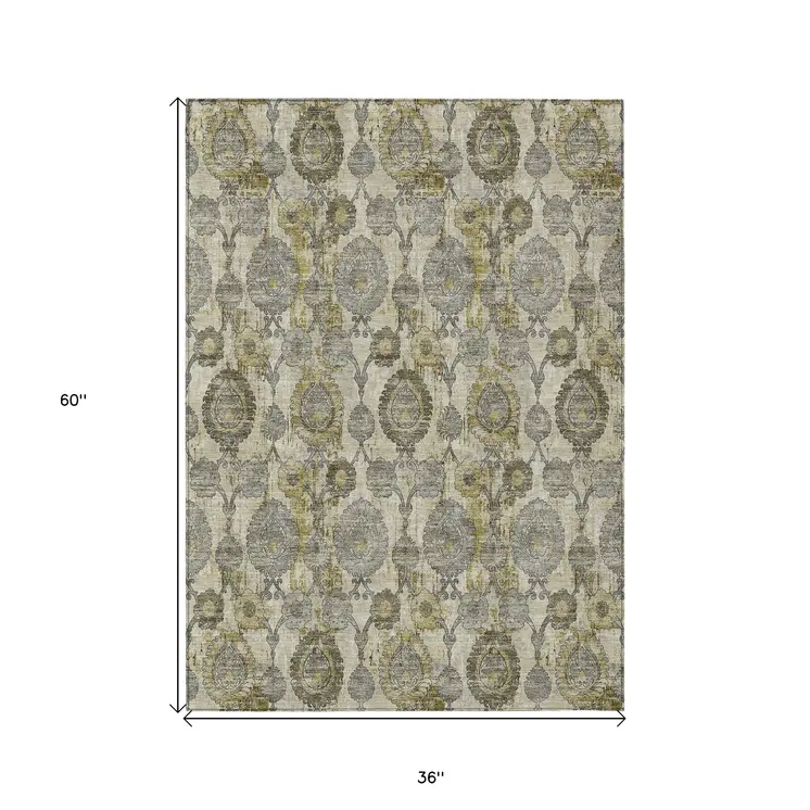 3' X 5' Khaki Beige And Gold Damask Washable Indoor Outdoor Area Rug