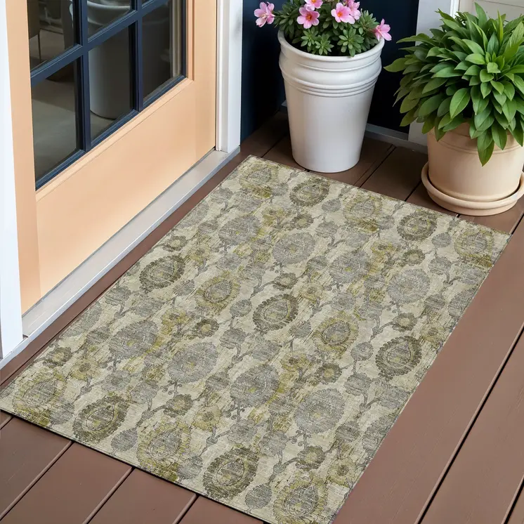 3' X 5' Khaki Beige And Gold Damask Washable Indoor Outdoor Area Rug
