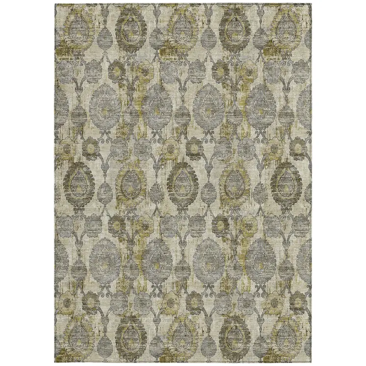 5' X 8' Khaki Beige And Gold Damask Washable Indoor Outdoor Area Rug