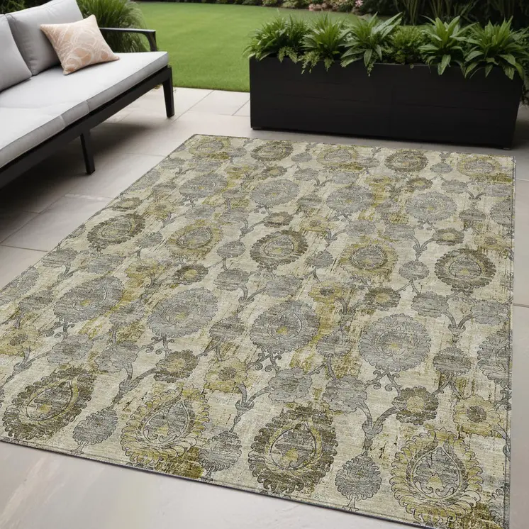 5' X 8' Khaki Beige And Gold Damask Washable Indoor Outdoor Area Rug