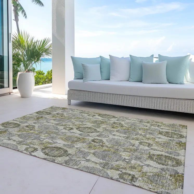 5' X 8' Khaki Beige And Gold Damask Washable Indoor Outdoor Area Rug